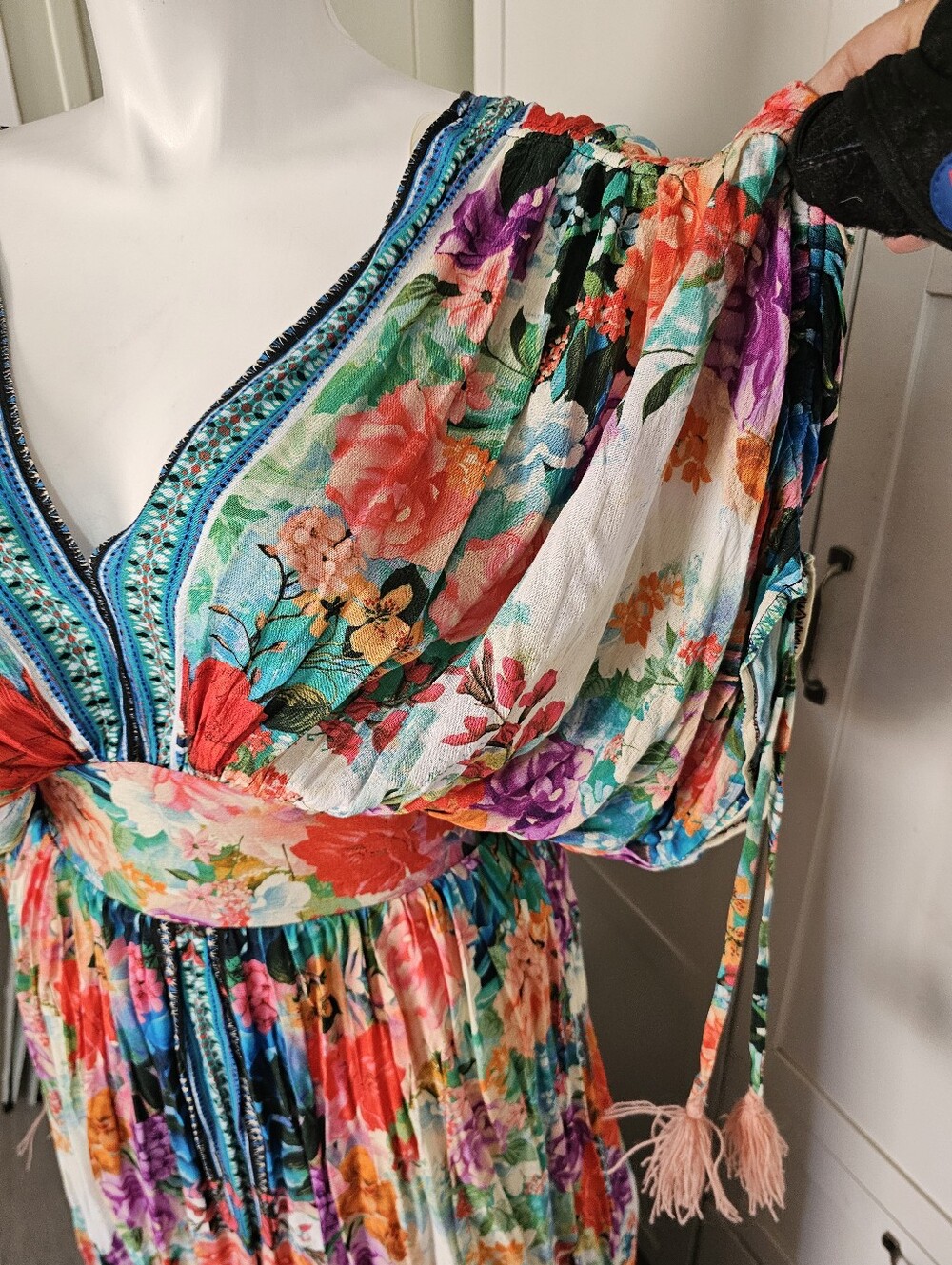 American Beauty Floral Boho Maxi Dress Size L New NWT Rayon Kimono Sleeve - Picture 2 of 11